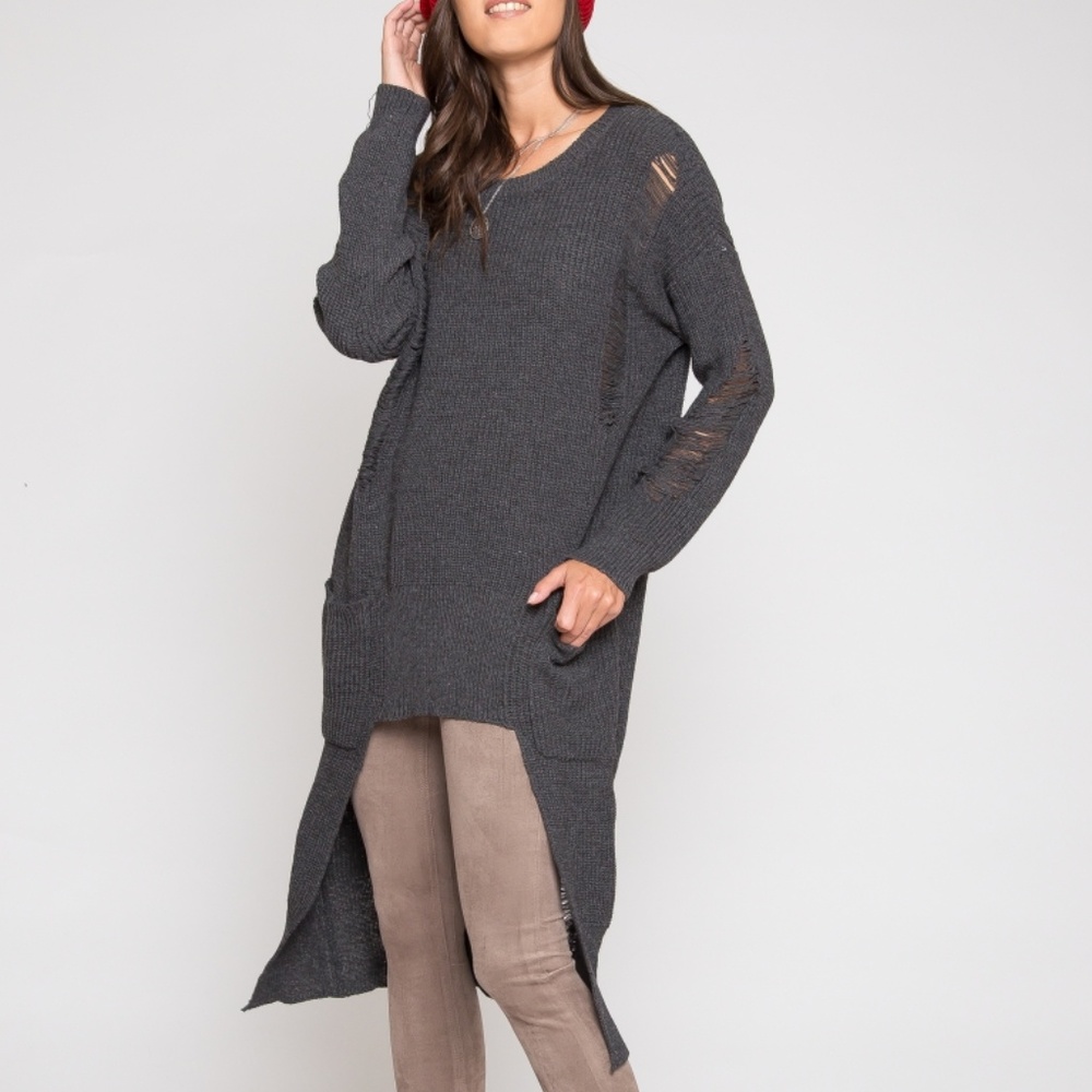 DISTRESSED TUNIC SWEATER - Picture 1 of 3